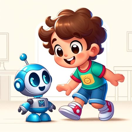 DALL·E 2024-04-30 11.57.20 - A cartoon-style image of a young boy happily playing with a robot. The boy, with curly brown hair and wearing a colorful t-shirt and shorts, is intera